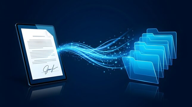 Digital document transfer with electronic signature on tablet screen to organized digital folders data stream illustration