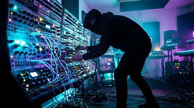Electronic Music Producer Working with Modular Synthesizer in Dimly Lit Studio, Creative Sound Design