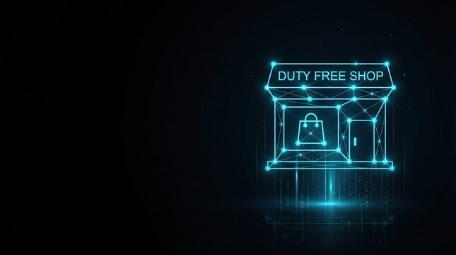 Glowing blue wireframe duty-free shop symbolizes cutting-edge digital retail innovation for AI, cybersecurity, and high-tech marketing with sleek futuristic design.