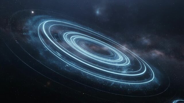 Firefly cosmic journey with luminous rings and swirling galaxies in a mesmerizing space scene
