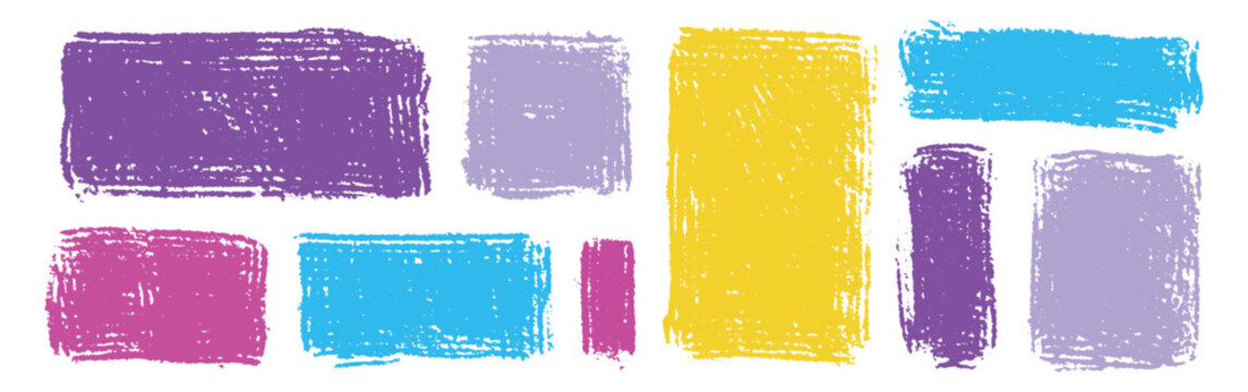 Colorful grunge brush rectangles in purple yellow blue pink and lavender create playful distressed shapes on white background for modern posters social graphics branding layouts and creative projects