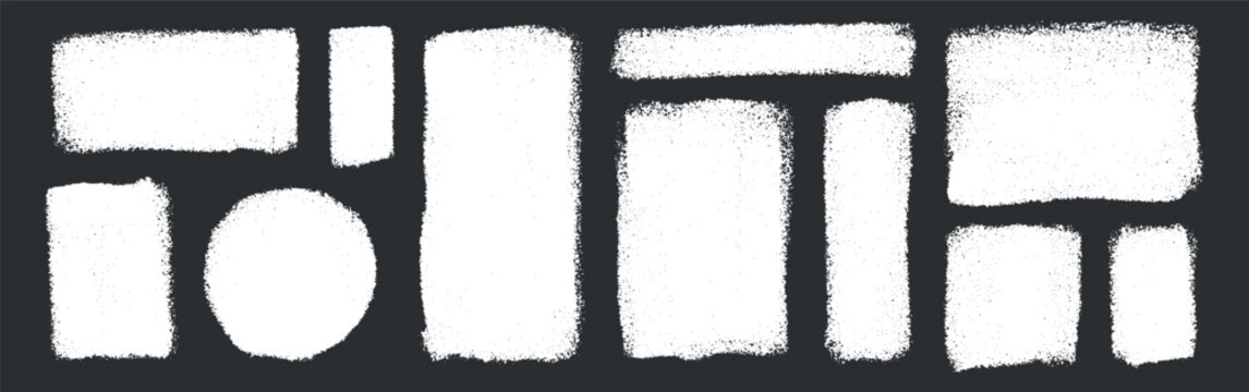 White grunge rectangles and circle form versatile brush stamp collection on dark charcoal background, featuring rough textured edges for frames, labels, banners, placeholders, collage layouts and art