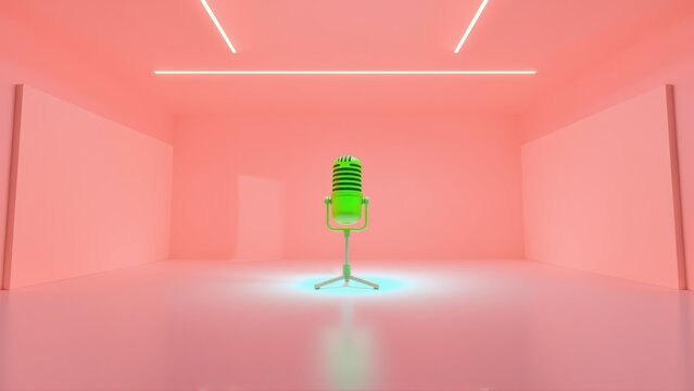 Minimalist studio setup features vibrant green microphone centered within pink room. Soft lighting creates dramatic effect.