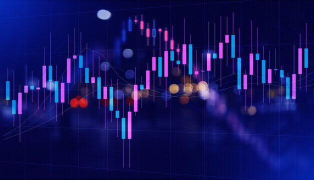 Futuristic blue and pink digital financial stock market trading chart with vibrant glowing bokeh lights and candlestick patterns for economic analysis.