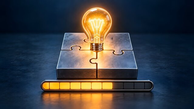 Innovation process and creative problem solving development concept with glowing lightbulb on metallic puzzle pieces and digital progress bar