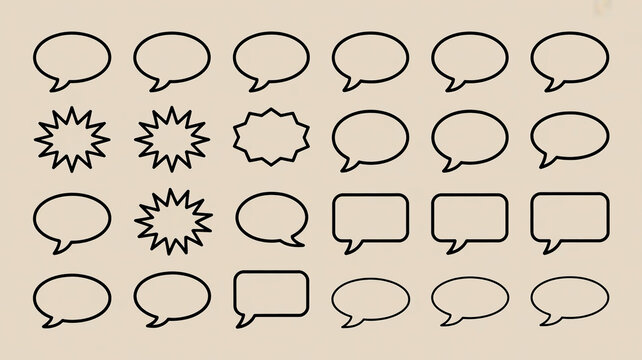 A set of 20 black and white speech bubble icons arranged in a 4x5 grid on a light beige background.  (1)