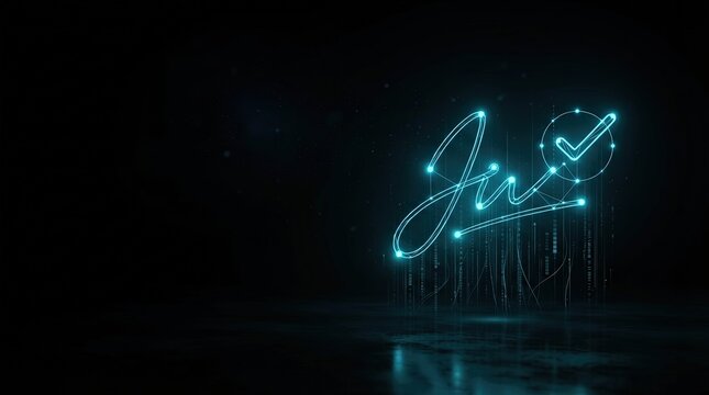 Stunning 3D glowing blue JavaScript code hologram with futuristic checkmark symbol on dark tech background perfect for AI, digital innovation, and high-tech projects.