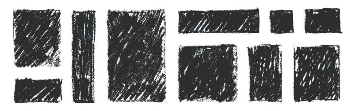 Dark charcoal grunge rectangles create expressive set of rough geometric frames on clean white background, combining scratched handmade texture with versatile blocks for posters, branding and modern