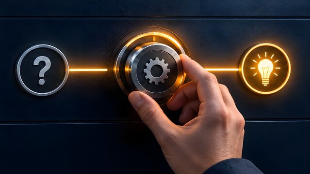 Hand turning metallic dial from question mark to glowing lightbulb representing problem solving and finding creative business solutions