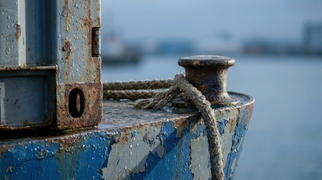 Weathered steel mooring bollard with thick rope ship hull paint and container corner casting on a dock