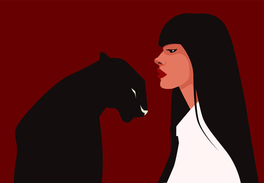 Elegant Woman Facing Black Panther on Red Background &ndash; Modern Minimalist Illustration - Mysterious Feminine Power Fashion Illustration