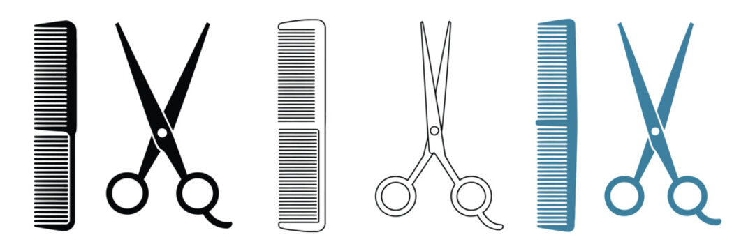 hairdressing comb and scissors icon collection, essential barber tools for salon styling, haircutting, grooming, beauty care and vector design