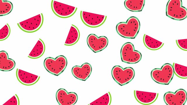Seamless watermelon pattern with heart-shaped slices on white background