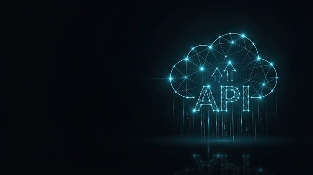 Striking 3D glowing API cloud network symbolizes cutting-edge digital innovation, perfect for AI, tech startups, and futuristic projects with sleek dark background.