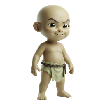 Cute 3D Cartoon Tuyul Child Ghost Character Standing Isolated on Transparent Background