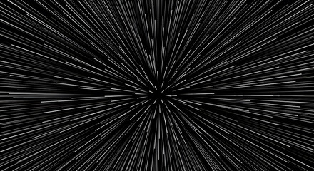 Fototapeta premium Monochrome Hyperdrive Starburst Motion Blur Radial Lines on Black Background for Speed and Space Travel Warp Concept