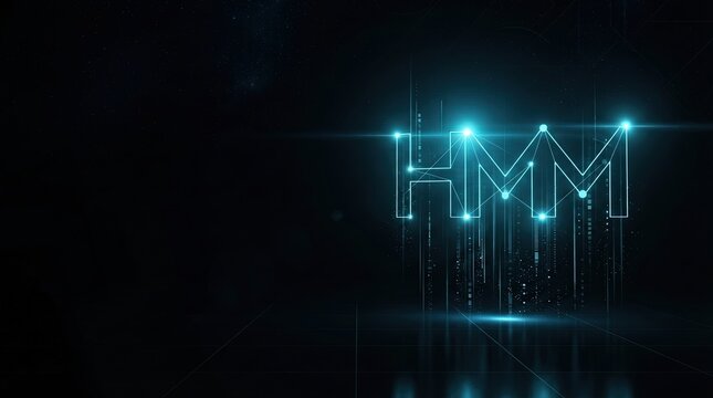 Striking 3D glowing blue wireframe HMM graphic on dark tech background perfect for AI, machine learning, and digital innovation projects.