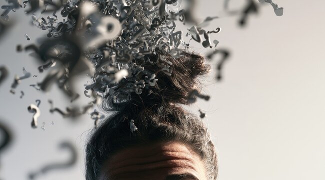 Mans Head Exploding with Question Marks Symbolizing Confusion and Overthinking.