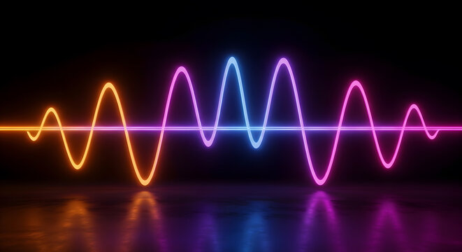 Glowing Colorful Neon Sine Wave Equalizer Lines with Floor Reflection on Dark Background for Music and Audio Signal Concept