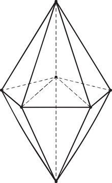 Geometrical bipyramid structure projection showing dashed internal axes and solid edges for math and physics representations.