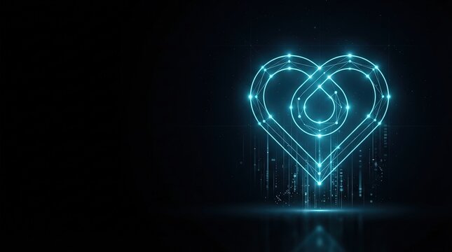 Stunning 3D glowing blue wireframe heart symbol representing AI neural networks, perfect for digital science, tech innovation, and futuristic design projects.