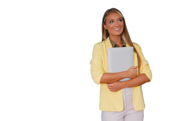 Fototapeta premium Professional business woman smiling, holding laptop, looking away with thoughtful expression on transparent background