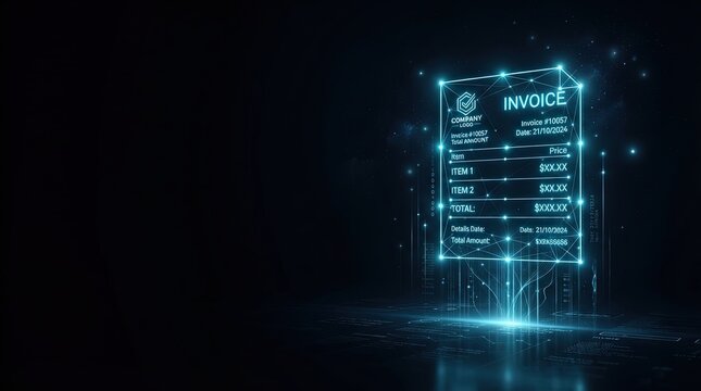 Stunning 3D glowing blue holographic invoice showcasing futuristic AI digital interfaces, perfect for tech, innovation, and high-tech marketing visuals emphasizing smart systems