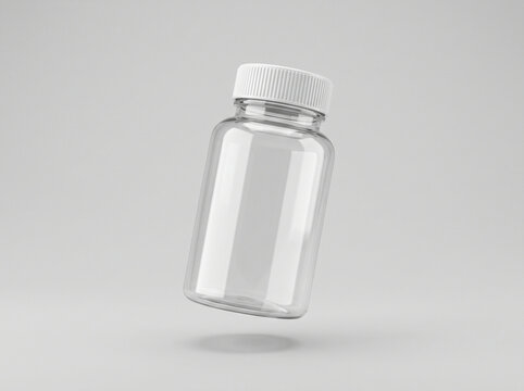 Empty transparent plastic pill bottle with white cap mockup