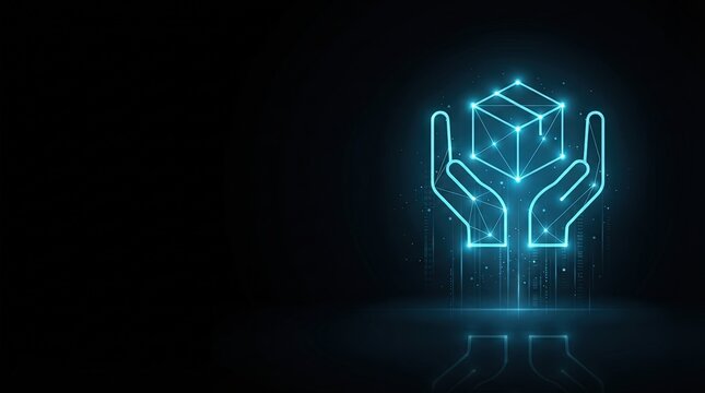 Striking 3D glowing blue wireframe hands cradle a microchip cube on a dark tech background perfect for AI, machine learning, and digital innovation projects showcasing futuristic technology