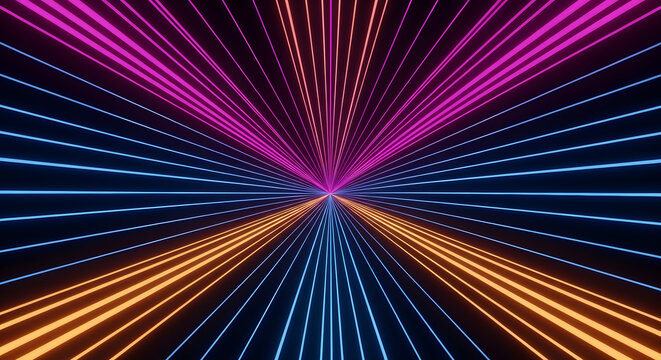 Perspective neon laser light grid corridor with pink blue and orange convergent rays