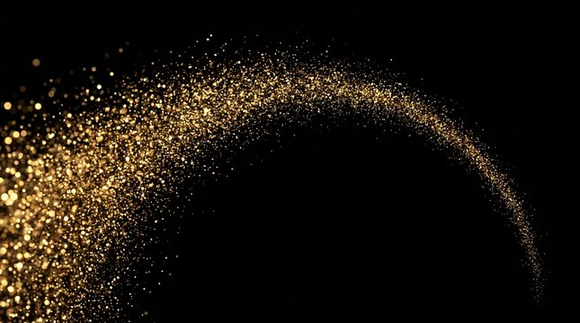 Golden glitter curve glowing stardust arch magic dust trail overlay on black background. Parabolic curved gold light path for luxury holiday invitation card, festive celebration and modern wallpaper
