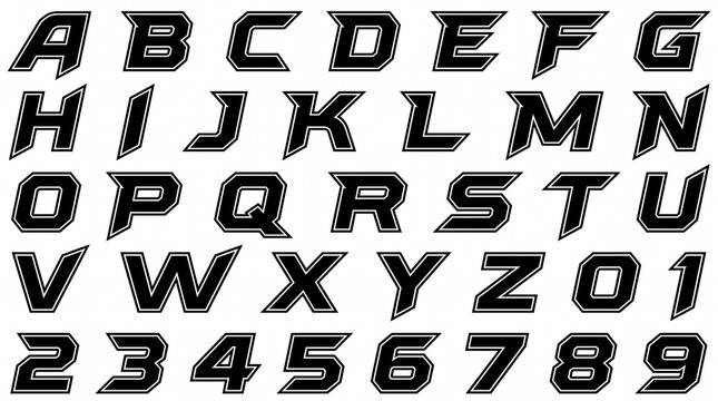 Dynamic and bold custom alphabet with numbers, perfect for futuristic and high-energy branding designs