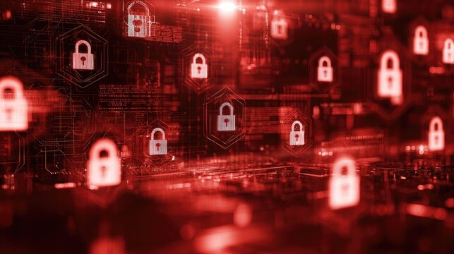 Digital Security Concept with Red Glowing Padlocks and Circuit Board Background.
