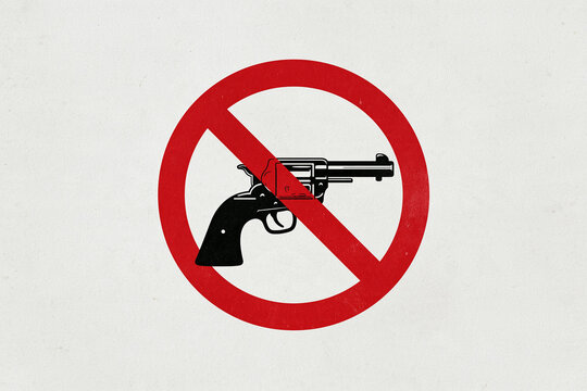 Graphic illustration depicting a black revolver handgun placed within a bold red prohibition sign, symbolizing gun control, anti-violence, and disarmament on a textured off-white background.