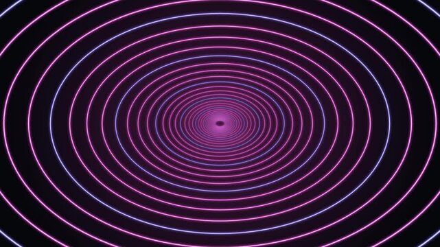Abstract retro-wave tunnel with spiraling neon rings in orchid purple and pale blue against a black background. Perfect for tech visuals, music videos, or digital backgrounds.