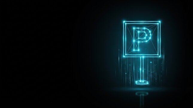 Striking 3D glowing blue wireframe parking symbol on dark tech background ideal for AI, digital innovation, and futuristic high-tech projects showcasing modern design elements