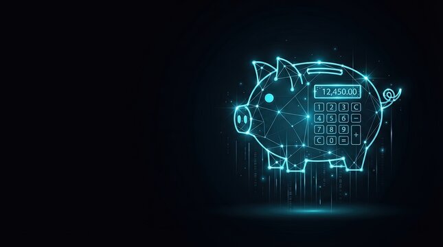 Striking 3D glowing wireframe piggy bank with digital display showcasing futuristic tech for AI, digital finance, and high-tech innovation against dark background with ample copy space