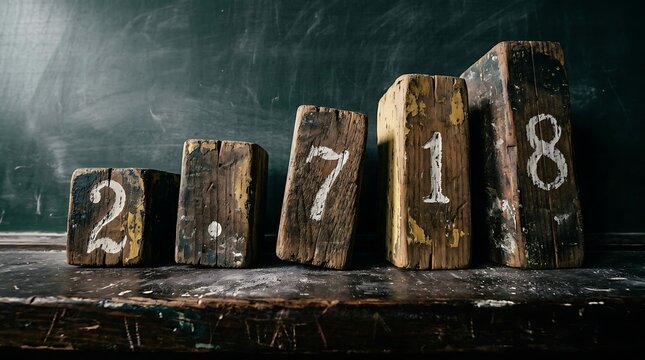 Vintage wooden blocks with numbers 2.718 representing Euler's constant. Rustic timber cubes on a weathered desk. Mathematical constant e displayed on aged wood in a classroom setting.