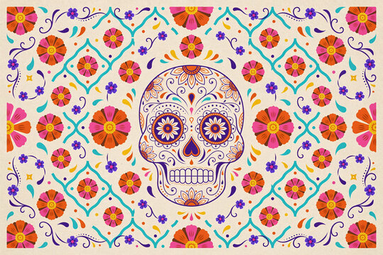 Mexican folk art pattern illustration featuring central ornate sugar skull surrounded by decorative floral mandala elements