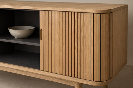Tambour door, articulated wooden slats following a curved track