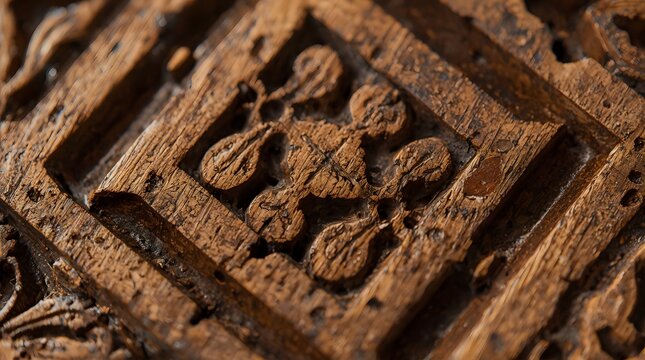Extreme macro view of traditional intricate hand carved wooden batik stamp pattern featuring geometric floral textures and rustic timber craftsmanship details