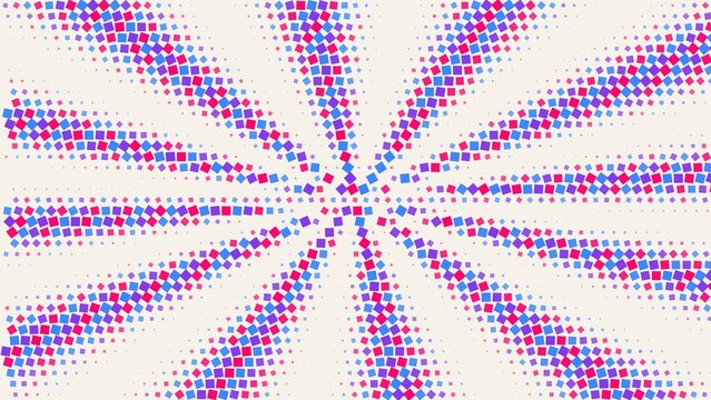 Pink and blue square shapes arranged in a radial sunburst pattern on a light beige background, creating a geometric halftone effect