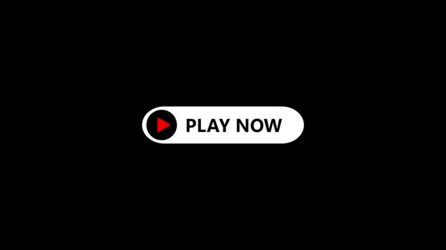 Sleek animated white Play Now button with red triangle icon on black background, ideal for media player interface, website click call-to-action, and online content.