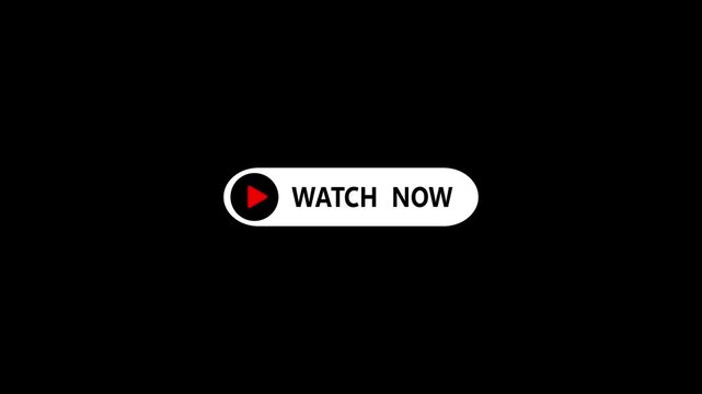 Animated white oval Watch Now button with red play icon on black background, perfect for video interface design, website call to action, and digital marketing footage.