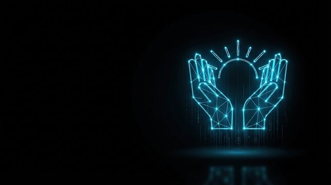 Striking 3D holographic hands with glowing neural wireframe light symbolizing advanced AI, machine learning, and digital innovation for tech presentations.