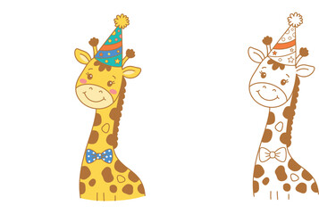 Fototapeta premium Cute Cartoon Giraffe Portrait Wearing a Polka Dot Party Hat and Bow Tie - Vector Illustration