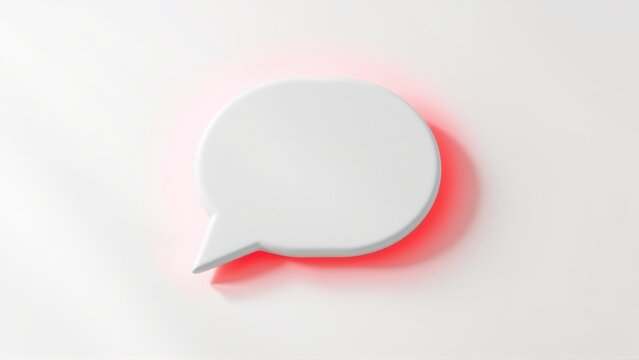 White speech bubble casts soft red shadow. Minimalist design, clean aesthetic, simple communication symbol. Focus on form, light, texture.
