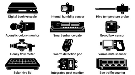 Smart Beekeeping & Hive Monitoring Sensor Icon Set Vector Illustration - Digital beehive scale Internal humidity sensor Hive temperature probe Acoustic colony monitor Smart entrance gate Brood box sen © Rizqi
