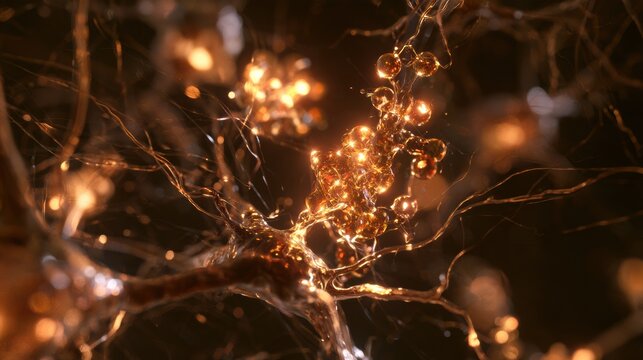 BDNF molecule binds to neuron receptor, causing neuron to extend new dendrites in a dark neural environment focused on brain health.