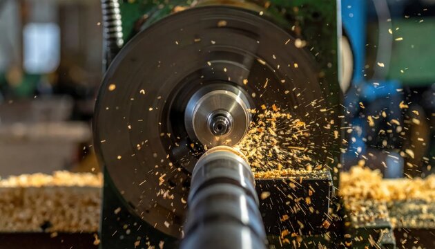 Close-up of a lathe turning wood, creating flying wood shavings and sparks. Industrial machining process.